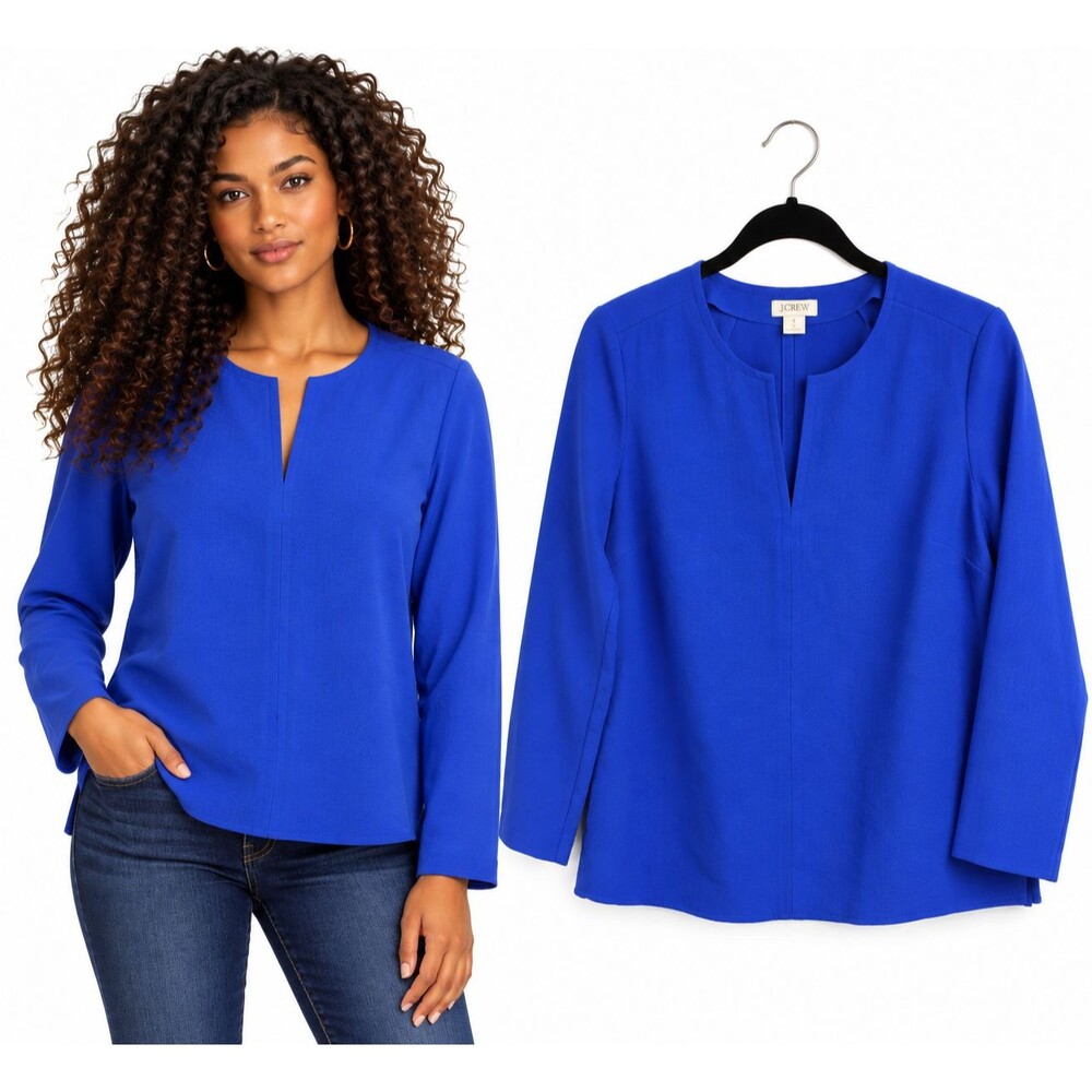 J Crew Split Neck Long Sleeve Blouse Top Size Small Cobalt Blue